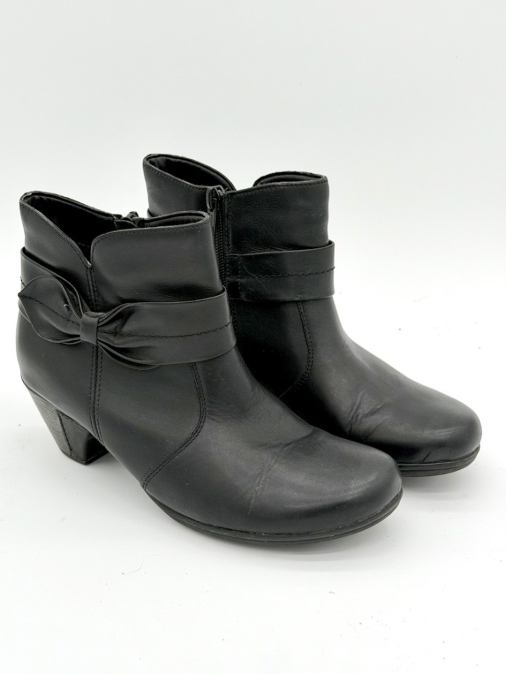 Remonte Women Ankle Boots 36 Black Leather Side Zip Block Heel Bow Strap Servas